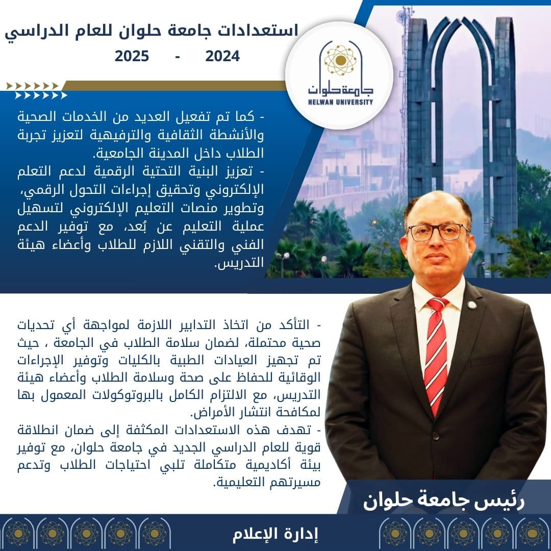 جامعة حلوان تعلن استعدادها التام لاستقبال العام الجامعى 2024-2025 1 d6a4428e d5e8 4daa 8640 3dc8da9738da جامعة حلوان جامعة حلوان تعلن استعدادها التام لاستقبال العام الجامعى 2024-2025 موقع في الجامعة