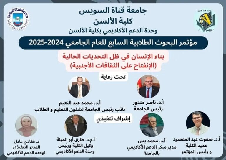 غدا.. كلية الألسن جامعة قناة السويس تنظم مؤتمرها الطلابي البحثي السابع 12 1745669473512 جامعة سوهاج غدا.. كلية الألسن جامعة قناة السويس تنظم مؤتمرها الطلابي البحثي السابع موقع في الجامعة