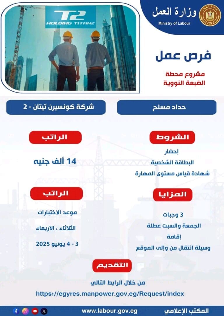600 وظيفة بمشروع الضبعة.. التفاصيل ورابط التقديم من وزارة العمل 1 1748526837375 الضبعة 600 وظيفة بمشروع الضبعة.. التفاصيل ورابط التقديم من وزارة العمل موقع في الجامعة