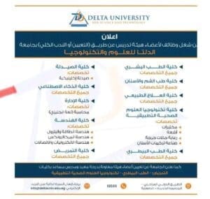 قدم الأن.. جامعة الدلتا للعلوم والتكنولوجيا تعلن حاجتها إلى أعضاء هيئة التدريس في 10 كليات 2 وظائف جامعة الدلتا للعلوم والتكنولوجيا
