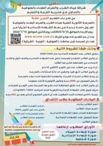 شروط الدفعه الجديدة بالمدرسه الثانويه الفنيه لشركه مياه الشرب والصرف الصحى بالاسكندريه للعام الدراسى 2026/2025 - الشروط المطلوبة للالتحاق بالدفعة الجديدة