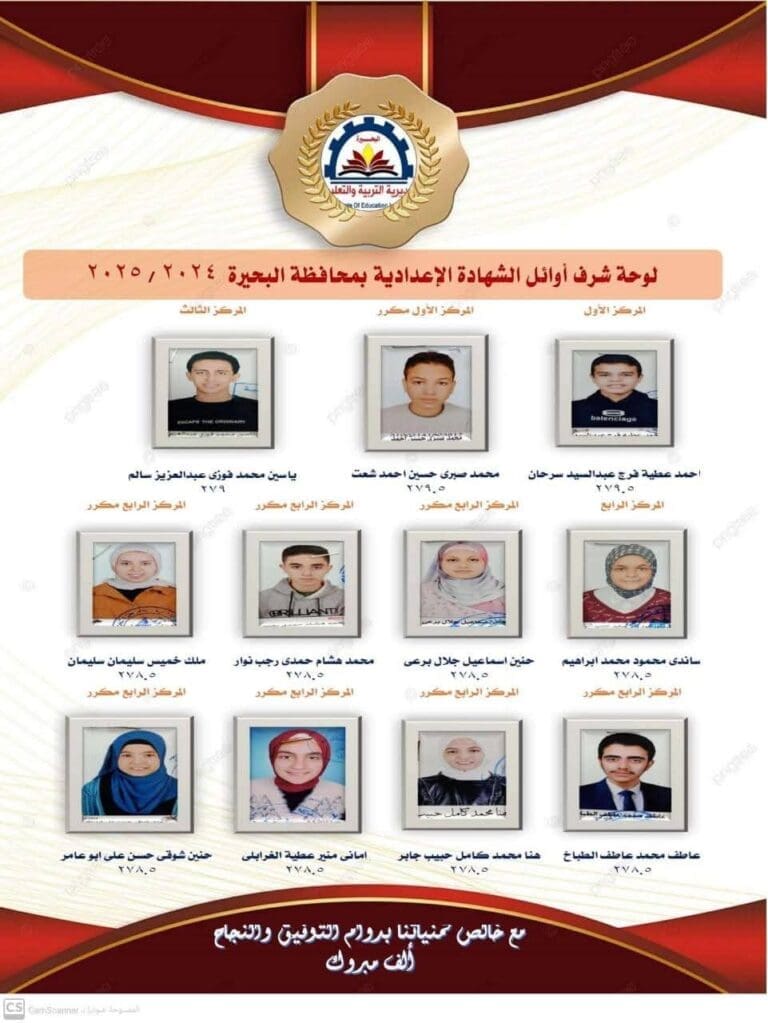 بالصور والأسماء.. تعليم البحيرة تكشف عن أوائل الشهادة الإعدادية 2025 16 أسماء أوائل الشهادة الاعدادية بالبحيرة 2025