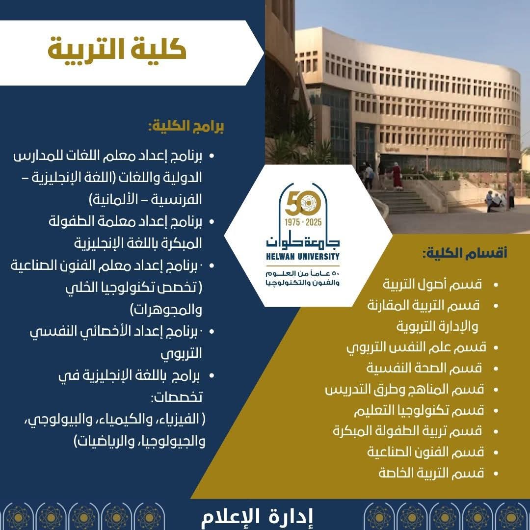 كلية التربية بجامعة حلوان.. صرح تربوي عريق يصنع معلمي المستقبل 1 FB IMG 1750761384092 التربية كلية التربية بجامعة حلوان.. صرح تربوي عريق يصنع معلمي المستقبل موقع في الجامعة