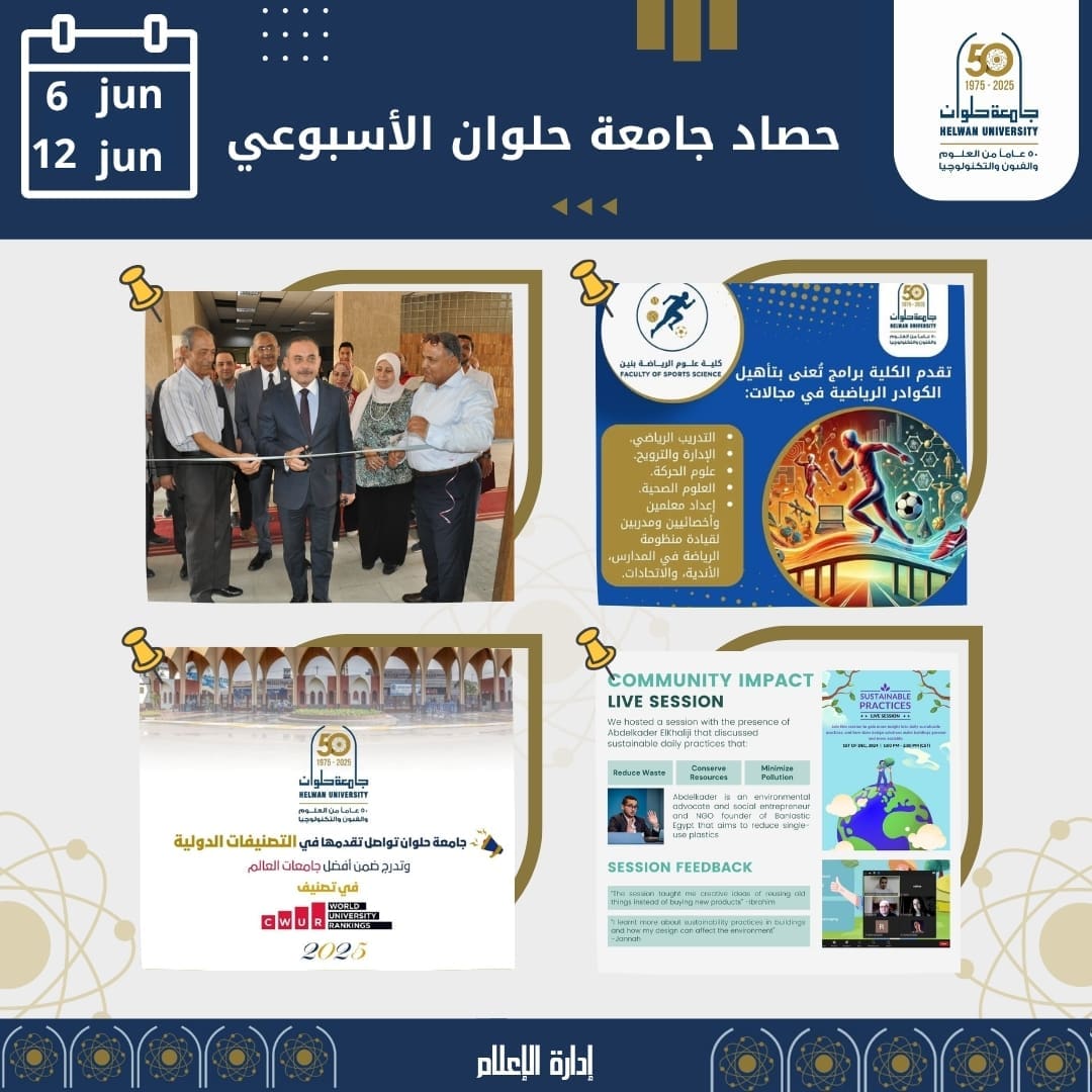 جامعة حلوان تواصل تقدمها في التصنيفات الدولية وتدرج ضمن أفضل جامعات العالم في تصنيف CWUR لعام 2025 1 IMG 20250615 WA0207 جامعة حلوان جامعة حلوان تواصل تقدمها في التصنيفات الدولية وتدرج ضمن أفضل جامعات العالم في تصنيف CWUR لعام 2025 موقع في الجامعة