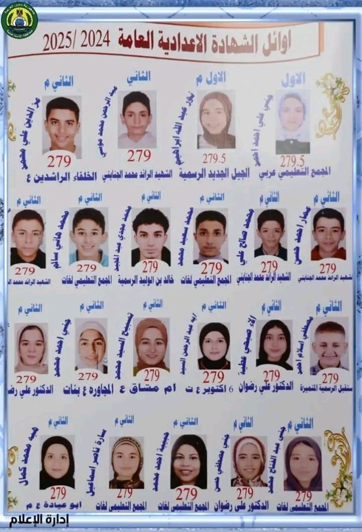 بالاسم والصورة.. ننشر أوائل الشهادة الإعدادية بالإسماعيلية 1 IMG 20250623 WA0228 الشهادة بالاسم والصورة.. ننشر أوائل الشهادة الإعدادية بالإسماعيلية موقع في الجامعة