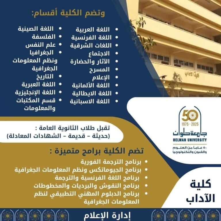 آداب جامعة حلوان تفتح أبوابها بـ 19 تخصصًا وفرص دراسية تواكب سوق العمل 11 كلية الآداب بجامعة حلوان.. بوابتك للتميز في العلوم الإنسانية والاجتماعية ببرامج حديثة وفرص مهنية واعدة