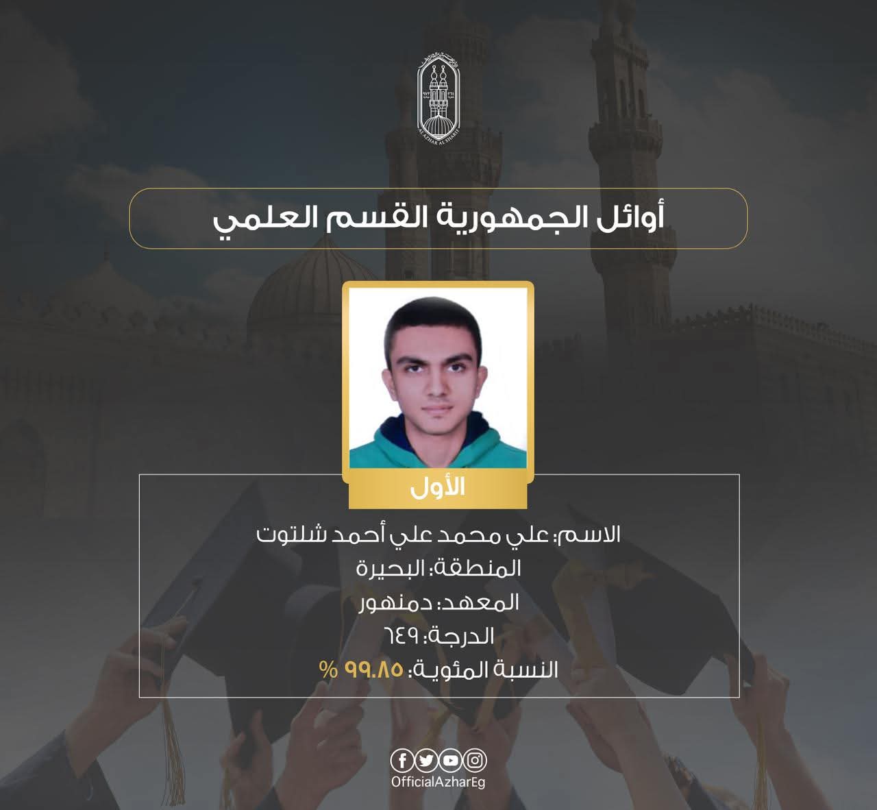 الأول على الثانوية الأزهرية علمي: سعيد بقرار شيخ الأزهر بشأن غزة.. وحلمي دراسة الطب لخدمة الناس 1 الأول على الثانوية الأزهرية علمي