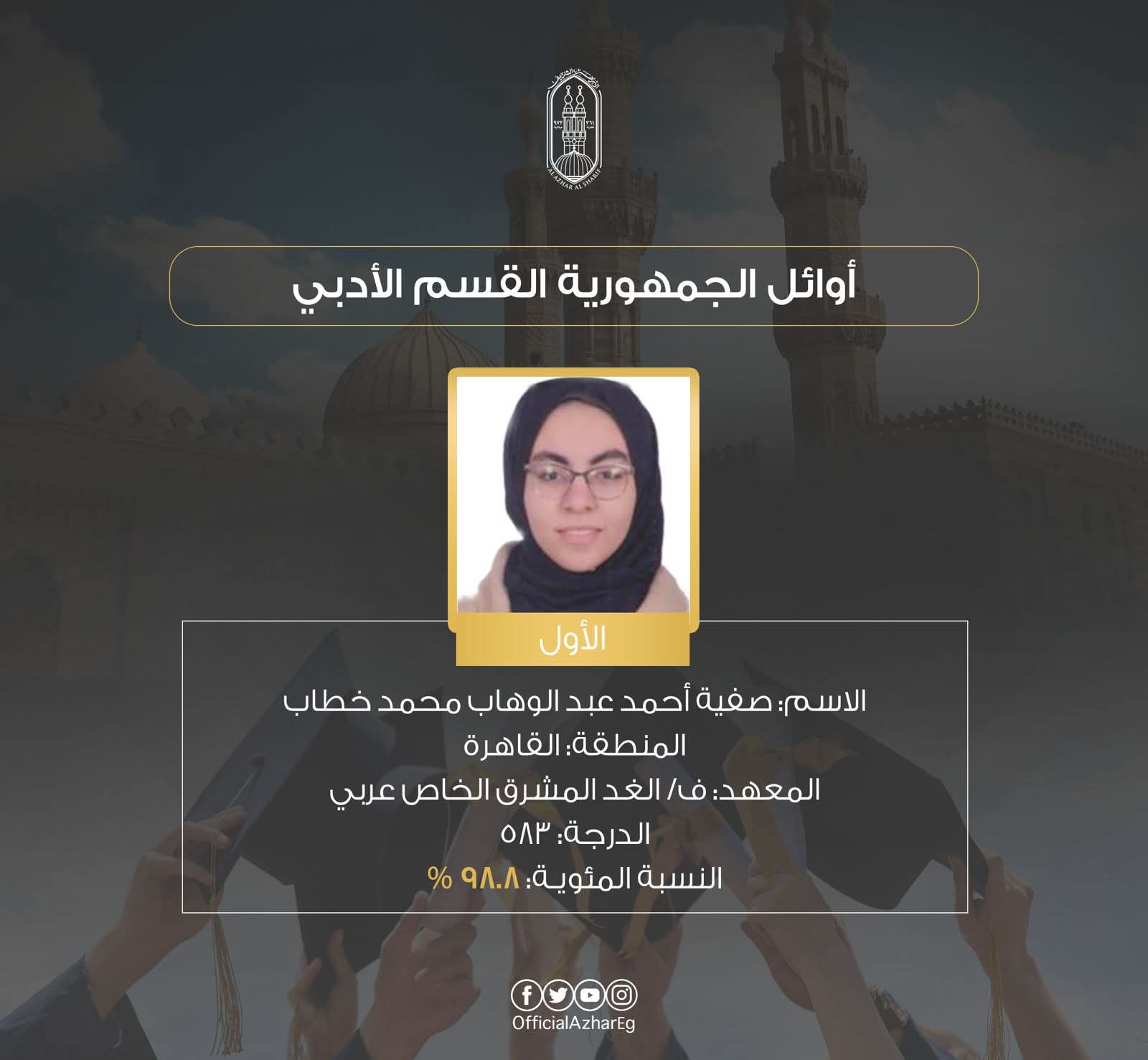 الأولى على الثانوية الأزهرية أدبي: مكنتش متوقعة أطلع من الأوائل.. ومكالمة شيخ الأزهر كانت هتبقى لحظة تاريخية 1 الأولى على الثانوية الأزهرية أدبي