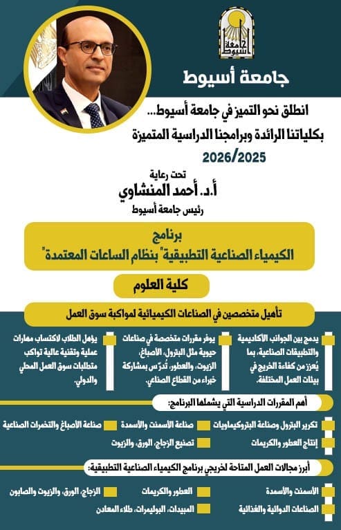 علوم جامعة أسيوط تقدم برنامج الكيمياء الصناعية التطبيقية بنظام الساعات المعتمدة للعام الجامعي 2025/2026 1 علوم جامعة أسيوط تقدم برنامج الكيمياء الصناعية التطبيقية بنظام الساعات المعتمدة للعام الجامعي 2025/2026