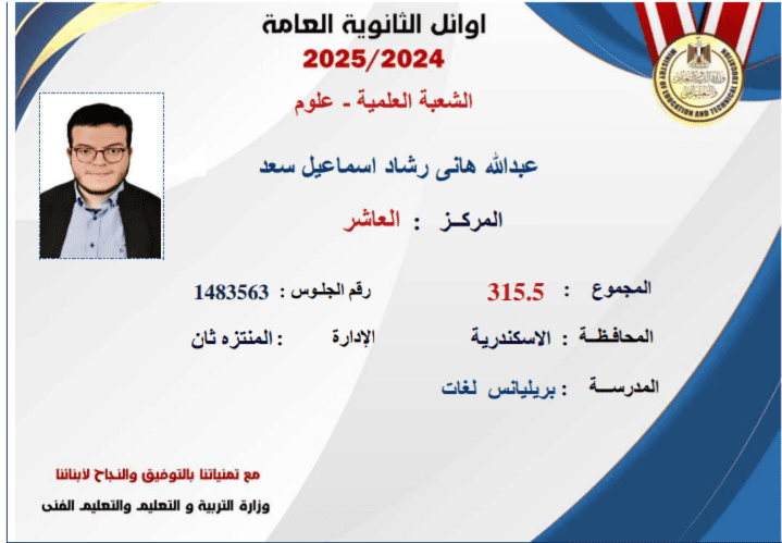 العاشر على الثانوية العامة علمي علوم: بهدي نجاحي لأمي.. حلمي أبقى دكتور كبير أعالج الناس ببلاش 1 عبدالله هاني العاشر على الثانوية العامة علمي علوم